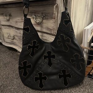 Black Studded Cross Design Hobo Bag